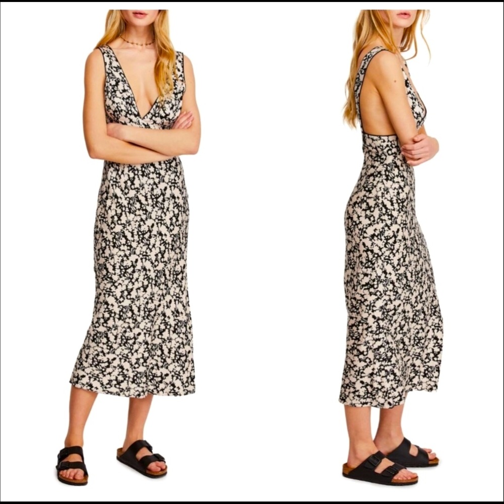 FREE PEOPLE OHH LA LA BIAS CUT FLORAL MIDI DRESS-BLACK NWT